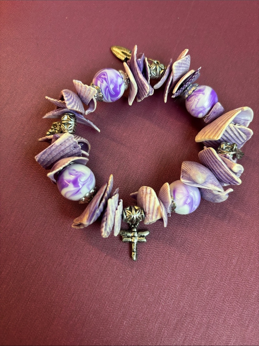 Purple Shell & Bead Stretch Bracelet with Cross Charm
